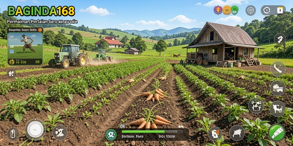 Screenshot menunjukkan pemain mengelola ladang pertanian dengan grafis menarik.