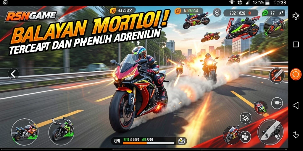 Screenshot gameplay RSNGAME yang menampilkan aksi balapan motor yang mengesankan.