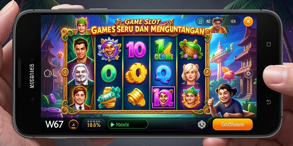 Screenshot W67 menampilkan gameplay Slot yang penuh warna dan efek menarik.